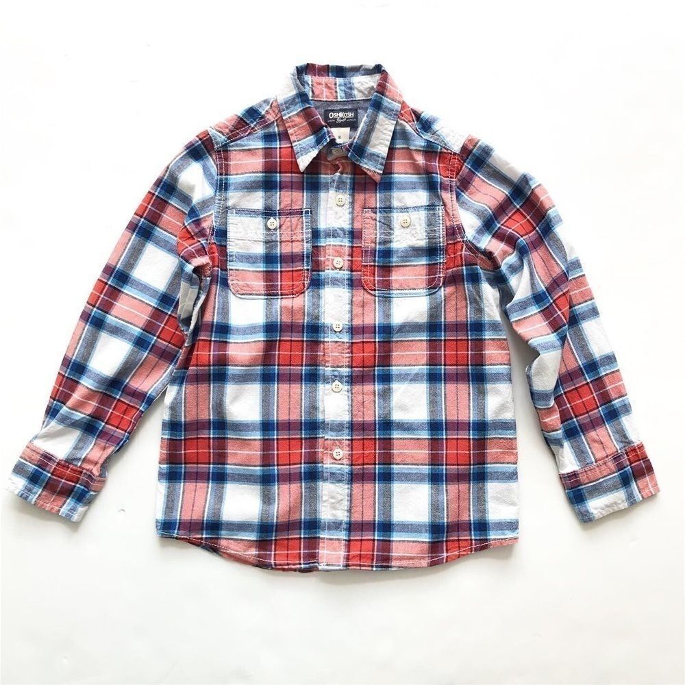 Oshkosh red/blue plaid button down shirt EUC 8Y